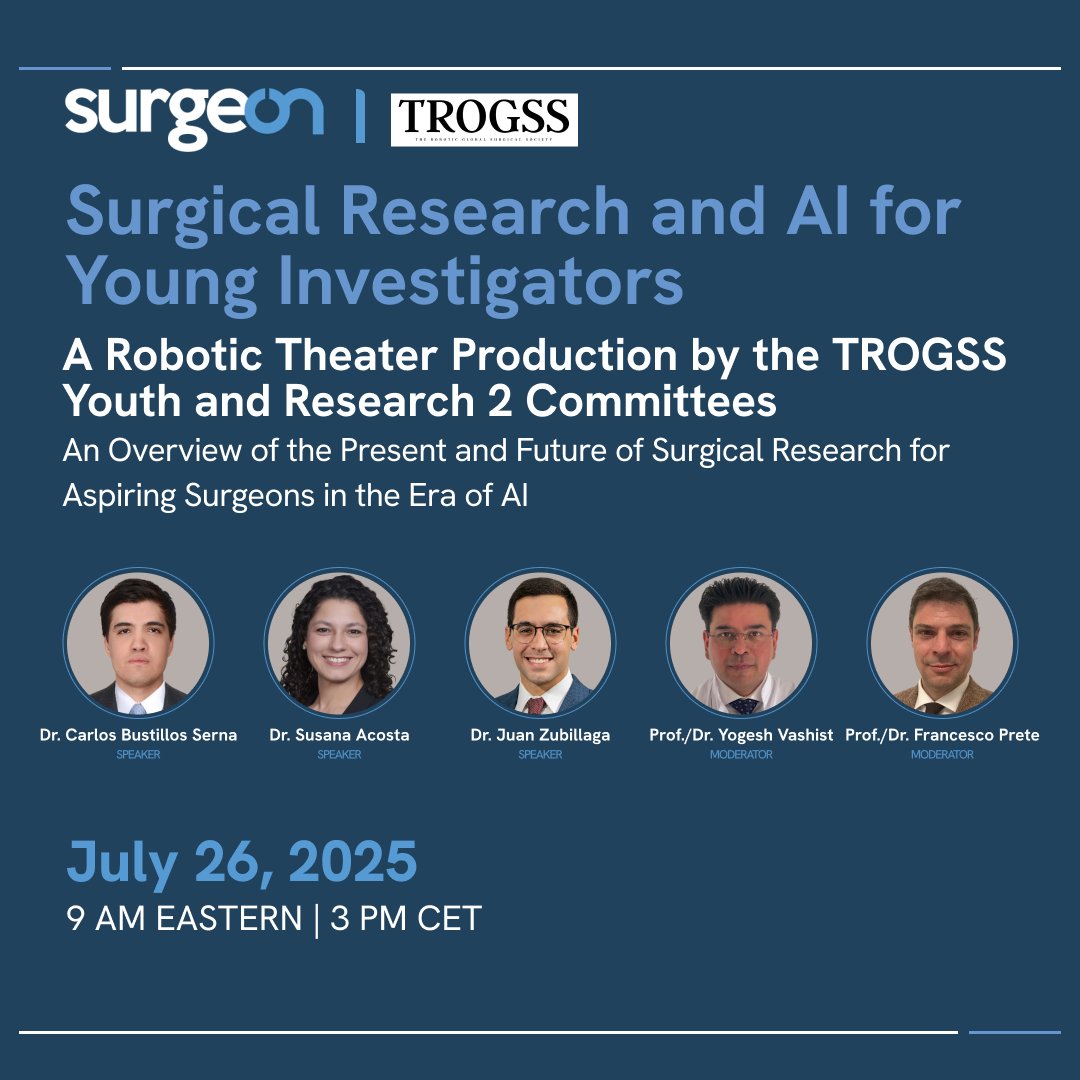 SurgeOn (@surgeonapp1) on Twitter photo Surgical Research and AI for Young Investigators | A Robotic Theater Production by the <a href="/TROGSS_official/">TROGSS_official</a> Youth and Research 2 Committees explores how artificial intelligence is shaping the next generation of surgical research. Designed for aspiring surgeons and early-career Surgical Research and AI for Young Investigators | A Robotic Theater Production by the <a href="/TROGSS_official/">TROGSS_official</a> Youth and Research 2 Committees explores how artificial intelligence is shaping the next generation of surgical research. Designed for aspiring surgeons and early-career