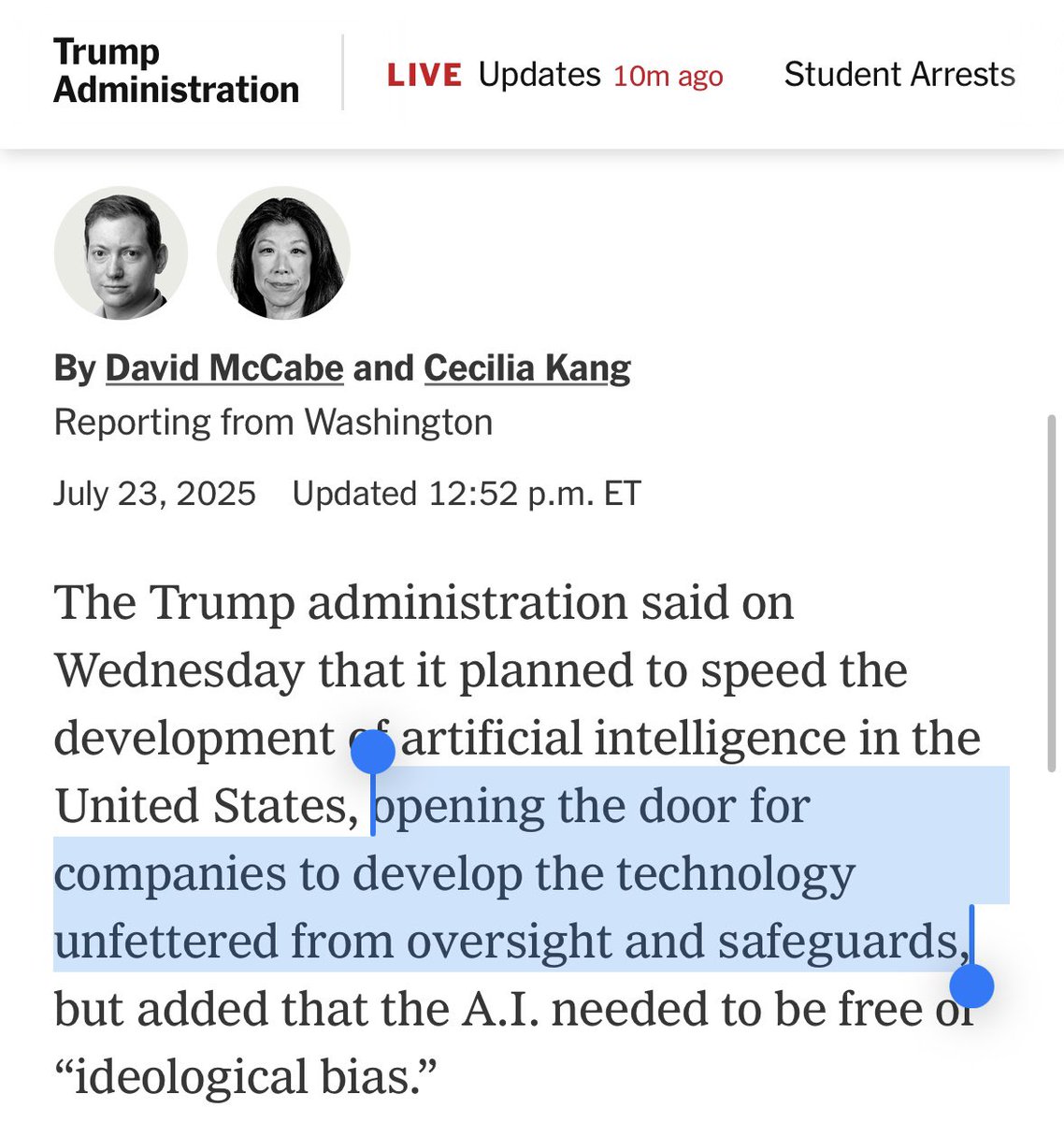 WHOSTP47's tweet image. That’s a stretch, @nytimes!
The Action Plan calls on the U.S. to accelerate AI innovation while simultaneously investing in AI interpretability and biosecurity, evaluating national security risks in frontier models, and combating synthetic media.
