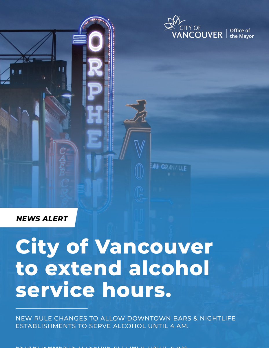 KenSimCity's tweet image. This is a win for local businesses and a win for creating a more fun and vibrant city.
With yesterday's changes, Vancouver will now be home to the latest last call in Canada!
#vanpoli