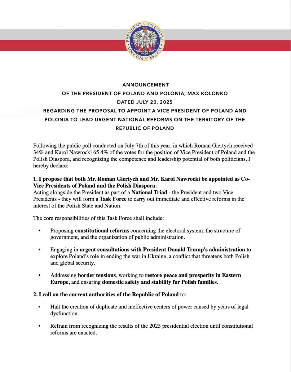 potuspl's tweet image. Official Statement
🇵🇱From the President of The United States of Poland and Polish Americans, Ad Interim🇺🇸
✅As Ad Interim President of the Republic of Poland and the Polish American community, I hereby extend an official proposal to Mr. Roman Giertych and Mr. Karol Nawrocki to…