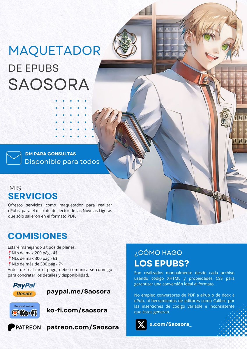 Saosora_'s tweet image. 🧵| Tweets Fijados 📌
📍Comisiones,
📍Mi Catálogo de ePubs,
📍Breve Reseña de apps para leer ePubs,
📍Peticiones ePubs para Collabs,
📍Y más 😁
Si quieres apoyarme, puedes hacerlo por PayPal
paypal.me/Saosora
Ko-Fi
ko-fi.com/saosora
Patreon
patreon.com/Saosora