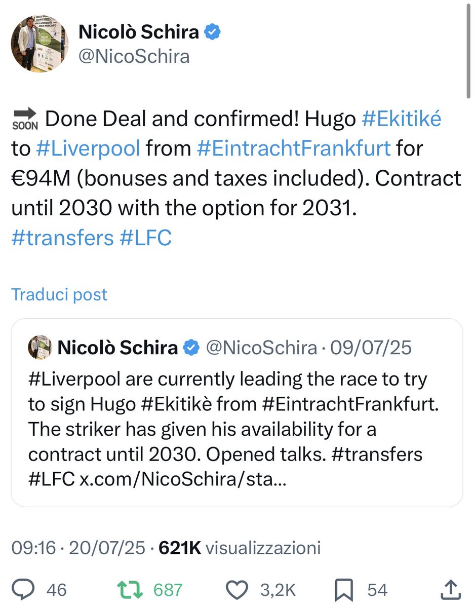 NicoSchira's tweet image. Now it’s official! Hugo #Ekitikè to #Liverpool from #EintrachtFrankfurt for €94M (bonuses included). Contract until 2031. No surprise here and confirmed since the last July 9! #transfers #LFC