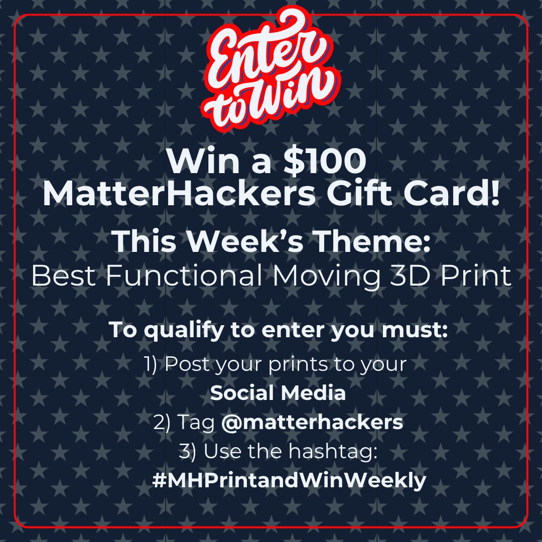 MatterHackers's tweet image. Wishing you a Happy July from #MatterHackers! Join our weekly contest every Wednesday in June. Tag @matterhackers and use #MHPrintandWinWeekly for a chance to #win a $100 gift card!
Last Week’s Winner: @Trevor3DPrints
Start making here: matterhackers.com/r/6uRhI0