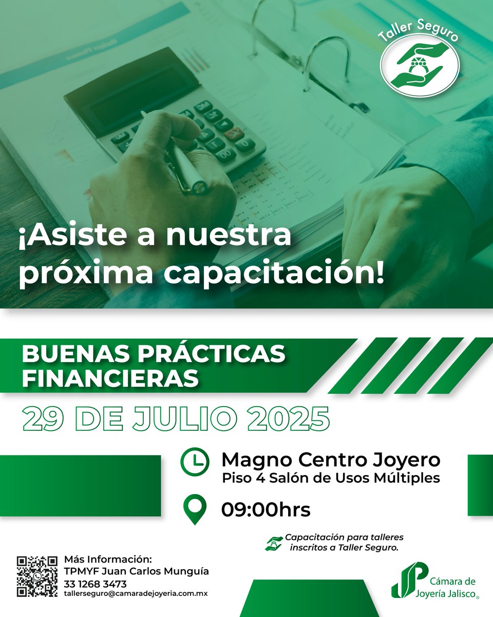 ¡Sé parte de nuestra próxima capacitación: Buenas prácticas financieras!

Te esperamos el próximo martes 29 de julio en el Salón de Usos Múltiples de Magno Centro Joyero  en punto de las 9:00 hrs.
Más información: 33 1268 3473