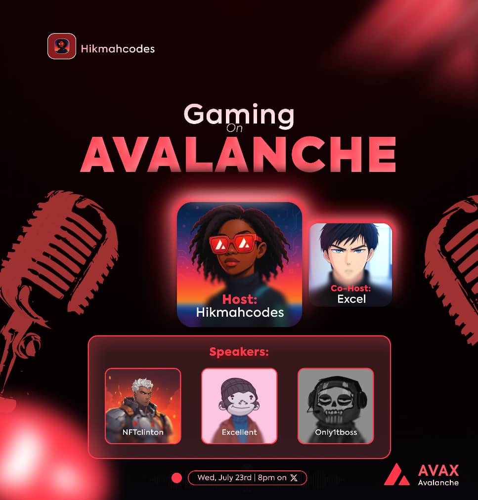 Hikmahcodes's tweet image. In less than hour we'll be discussing the concept of Gaming on Avalanche, everything you need to know about @GamingOnAvax, the speakers would explain
Set your reminders - x.com/i/spaces/1lDxL…