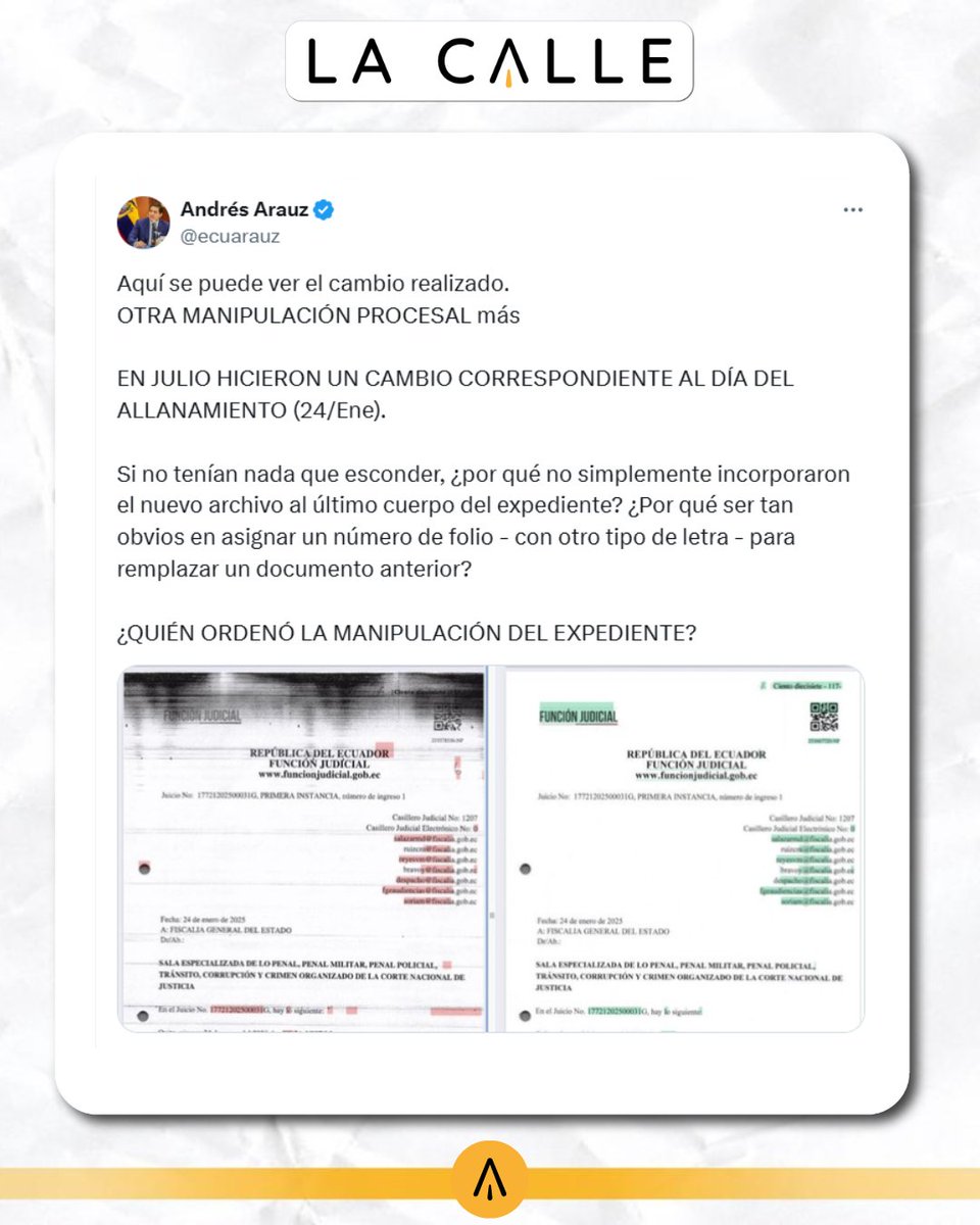 La Calle (@radiolacalle) on Twitter photo 📌¡Presunta manipulación al Caso Ligados! 🚨
El secretario de la Revolución Ciudadana <a href="/ecuarauz/">Andrés Arauz</a> alertó que Fiscalía habría manipulado el expediente del caso, pues existiría el registro del reemplazo de documentos en el proceso judicial.
¿Justicia a la carta? ⚖️
#CasoLigados 📌¡Presunta manipulación al Caso Ligados! 🚨
El secretario de la Revolución Ciudadana <a href="/ecuarauz/">Andrés Arauz</a> alertó que Fiscalía habría manipulado el expediente del caso, pues existiría el registro del reemplazo de documentos en el proceso judicial.
¿Justicia a la carta? ⚖️
#CasoLigados