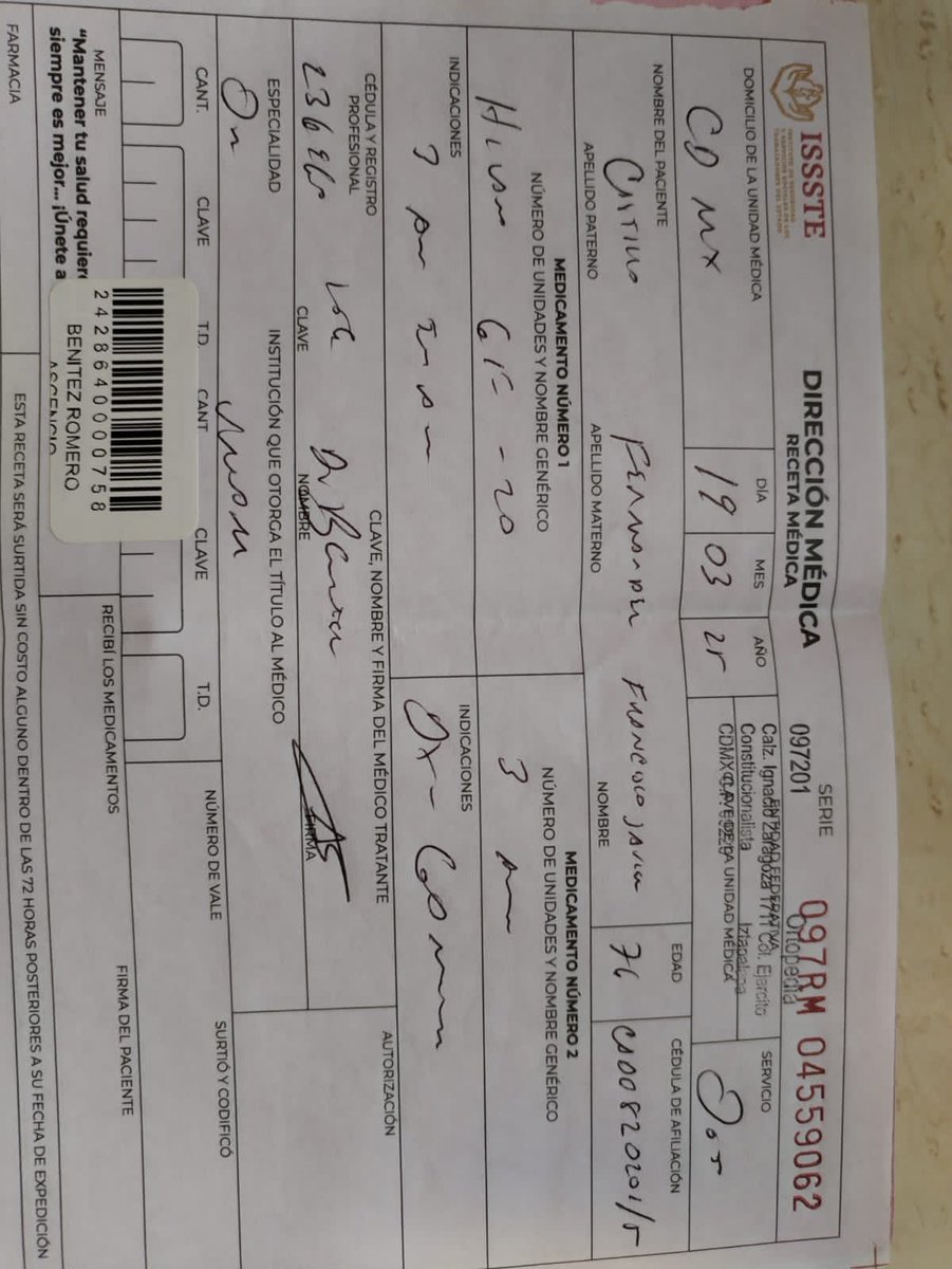 OliBellota's tweet photo. @martibatres @ISSSTE_mx Mi papá tiene desde el mes de marzo en espera del medicamento para su rodilla y simplemente nos dicen cada vez que llamamos por teléfono o vamos al Hospital Regional de Zaragoza NO HAY. Qué solución existe, esperar más meses?. https://t.co/Jflf2uFZRN