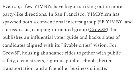 YIMBYs should embrace a big-tent agenda focused on making cities more liveable.

Why? Becuase people will support housing density if they like cities! 

We're already seeing groups like <a href="/GrowSF/">GrowSF</a> adopt this approach.