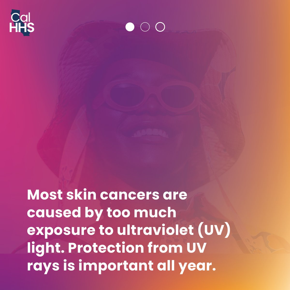 Cal_HHS's tweet image. During the summer, protection from UV rays is especially important. People of all skin tones can take simple steps to reduce the risk of sun damage & skin cancer. 😎