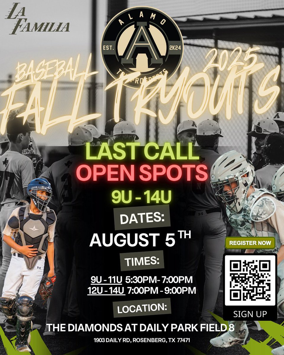 🚨 LAST CALL – LIMITED SPOTS LEFT 🚨
Fall 2025 Tryouts are almost full ‼️

🗓️ August 5th

Don’t miss your chance to be part of La Familia.
Scan the QR code or DM us to sign up now!

#AlamoTopProspects #FallTryouts #YouthBaseball #TexasBaseball #LastCall #LaFamilia #BaseballTryout