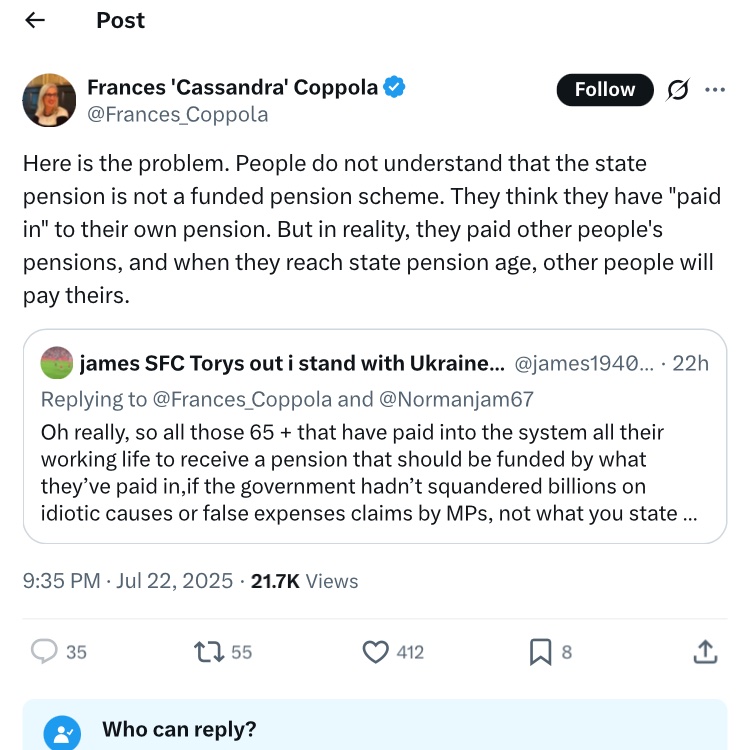 Fergie_CJ's tweet image. This is only a social contract that works if the younger people currently paying your pension believe they’ll get something back when they reach pension age. If they believe they’ll have to work until they die, why should they pay tax, NI and enforced work pension on top?