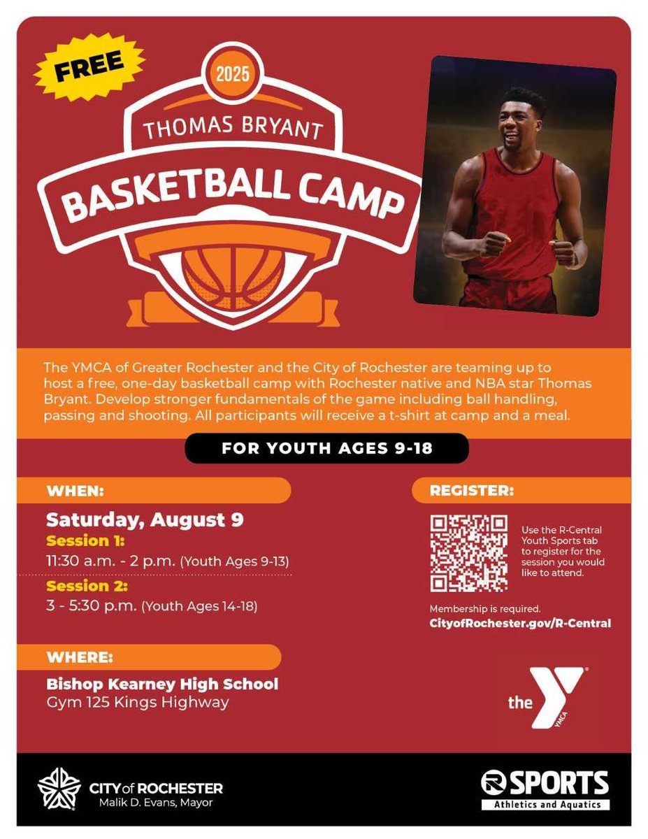 DRHS585's tweet image. 🏀 Calling all youth ages 9–18! Join NBA star and Rochester native Thomas Bryant for a FREE one-day basketball camp on Saturday, August 9 at Bishop Kearney High School.
#ThomasBryant #ROCYouthSports #FreeCamp #CityofRochester