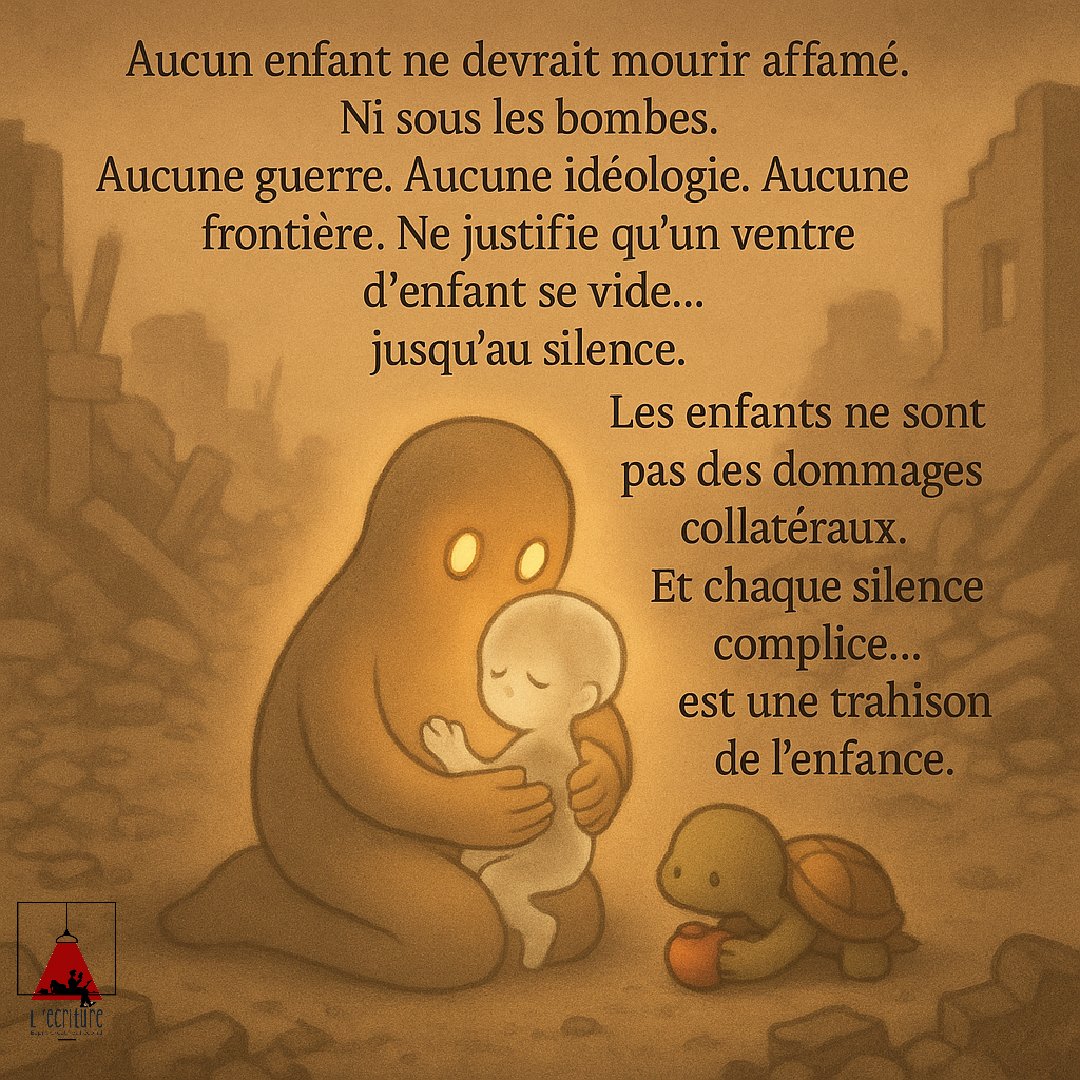 Ecriture2's tweet image. Un enfant affamé, ce n’est pas une tragédie.
C’est un crime.
Mourir sous les bombes n’est pas une fatalité.
C’est le résultat d’un monde qui a normalisé l’horreur.
L’enfance ne devrait jamais être un prix à payer.
Et notre silence… ne devrait jamais être une monnaie d’échange.