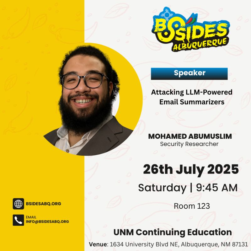 BSides_ABQ's tweet image. Weβre excited to welcome @m19o__, seasoned Security Researcher, to the stage at Security BSides Albuquerque 2025!
With a global track record that spans Big Tech and Big Four firms, Mohamed has delivered over 300 security projects across EMEA, Asia, North America, and Southβ¦