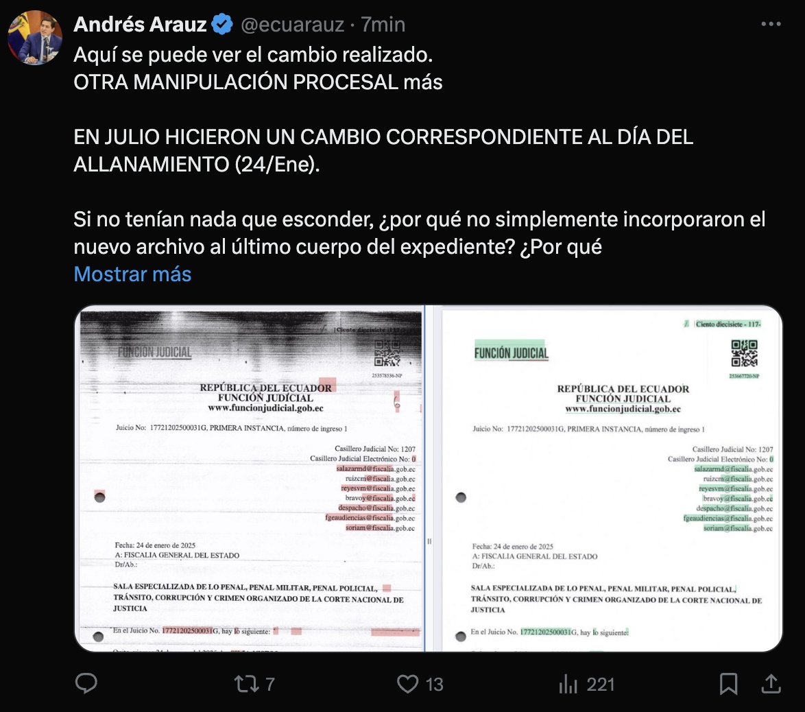 Ecuadorinmediato (@ecuainm_oficial) on Twitter photo ‼️#URGENTE
<a href="/ecuarauz/">Andrés Arauz</a>, secretario general de Revolución Ciudadana, alertó sobre una presunta manipulación en los archivos del “Caso Ligados”. Señaló que el documento original identificado como “Cuerpo-02”, que constaba en el expediente desde el 15 de marzo, fue reemplazado el 13 ‼️#URGENTE
<a href="/ecuarauz/">Andrés Arauz</a>, secretario general de Revolución Ciudadana, alertó sobre una presunta manipulación en los archivos del “Caso Ligados”. Señaló que el documento original identificado como “Cuerpo-02”, que constaba en el expediente desde el 15 de marzo, fue reemplazado el 13