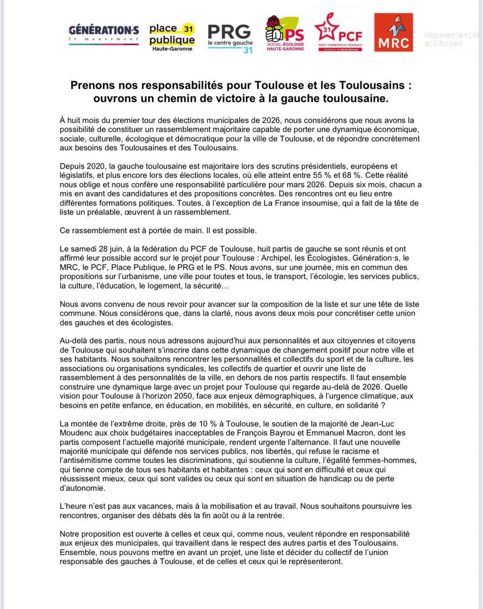 🏘️🌳✌🏼

Ensemble, nous pouvons ouvrir un chemin vers la victoire pour transformer notre ville !

Pour #Toulouse il est temps de changer d’ère. 

Pour la gauche, il est l’heure de porter, rassemblée, une alternative populaire, écologique et sociale.

👇🏽👇🏽👇🏽