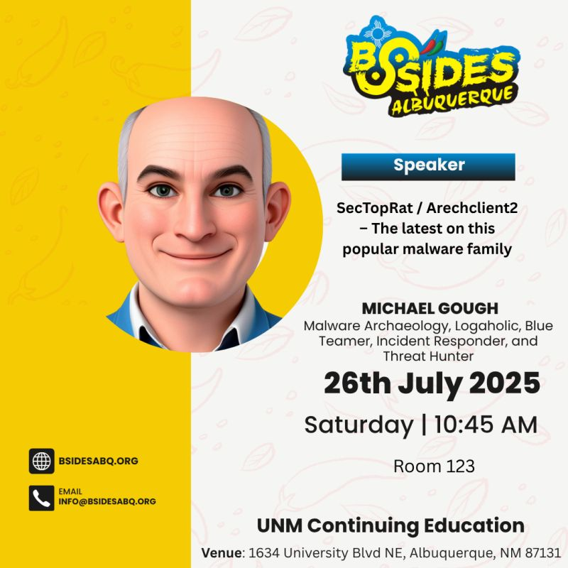 BSides_ABQ's tweet image. Weβre excited to welcome Michael GoughβMalware Archaeologist, Blue Teamer, Incident Responder, and Logaholicβto Security BSides Albuquerque 2025!
Michael brings decades of experience in defending systems, hunting threats, and teaching teams how to make logs work for them. Aβ¦