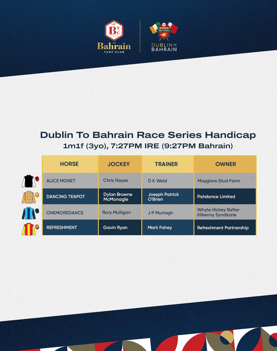 Bahrain Turf Club (@bahrainturfclub) on Twitter photo The second race of this year’s Dublin To Bahrain series at <a href="/LeopardstownRC/">Leopardstown RC</a> is tomorrow at 7:27pm🇮🇪 9:27pm🇧🇭 , Onemoredance already won the first one on the 17th of July, can she do it again? 👀
#Bahrainturfclub #AllToPlayFor The second race of this year’s Dublin To Bahrain series at <a href="/LeopardstownRC/">Leopardstown RC</a> is tomorrow at 7:27pm🇮🇪 9:27pm🇧🇭 , Onemoredance already won the first one on the 17th of July, can she do it again? 👀
#Bahrainturfclub #AllToPlayFor