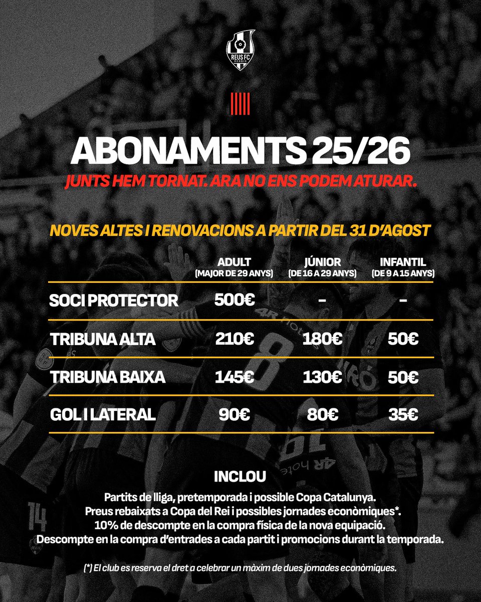 ReusFCR's tweet image. 𝐂𝐚𝐦𝐩𝐚𝐧𝐲𝐚 𝐝’𝐚𝐛𝐨𝐧𝐚𝐦𝐞𝐧𝐭𝐬 𝟐𝟎𝟐𝟓/𝟐𝟎𝟐𝟔

👨‍💻Fes-te ara mateix amb el teu abonament al següent enllaç 👉 reusfcreddis.compralaentrada.com/abonos/renovar…

🏟️ La pròxima setmana anunciarem la data i l’horari per fer la gestió presencial de l’abonament a les taquilles de l’Estadi!