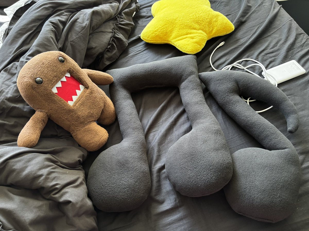 ieatu4lunch's tweet image. my handmade music note pillows are here!! and my thrifted domo plushie too omghhh