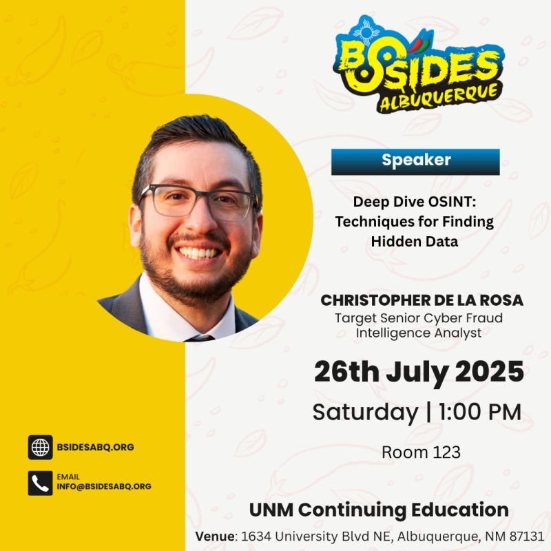 BSides_ABQ's tweet image. Weβre excited to welcome @dela709, Senior Cyber Fraud Intelligence Analyst at Target, as a featured speaker at Security BSides Albuquerque 2025!
Christopher is a seasoned cyber threat intelligence professional with deep expertise in fraud detection, OSINT, and threat actorβ¦
