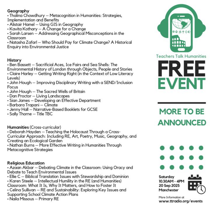 TTRHistory's tweet image. Super excited to have so many amazing speakers for our FREE teach meet in Sep!
@JenHistoryCW11 @clairevh @EduAkbar_ @sarahlarsen74 @MrBassett0 @MrMetacognition @SteeleHeidi @RE_McGEE @jlhough91_lee @KavitaKothary @MissTC19 @historyis_fun @lcgeography
eventbrite.com/e/teachers-tal…