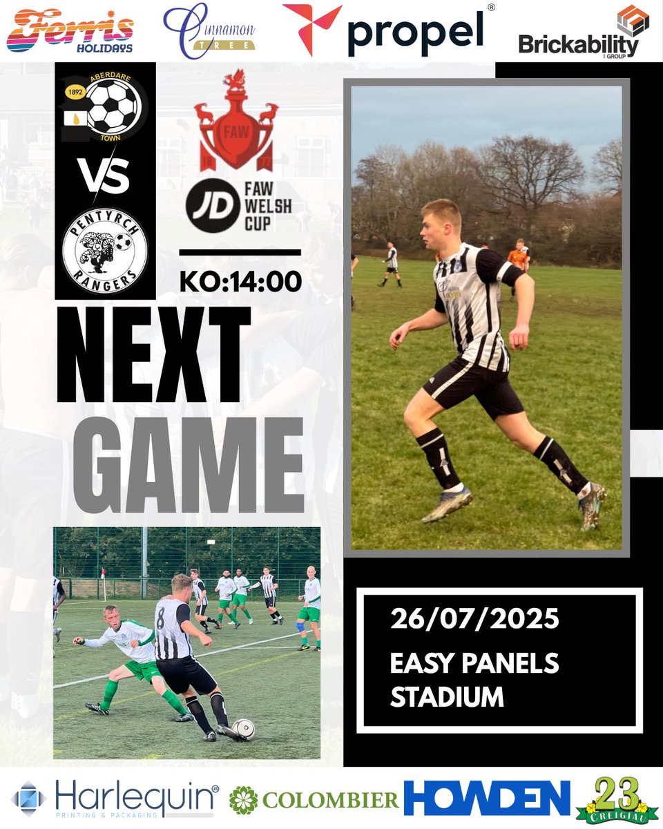 Pentyrch Rangers AFC⚫️⚪️ (@pentyrchs) on Twitter photo First competitive game of the season in the JD FAW Welsh Cup this Saturday against <a href="/AberdareTown/">Aberdare Town FC</a>!
Make sure to come down to support the boys in a huge fixture 🏆
📍Easy Panels Stadium
⏰ 14:00
📅 26th August 2025
#uppatyrchs #tyrchsallovertheworld First competitive game of the season in the JD FAW Welsh Cup this Saturday against <a href="/AberdareTown/">Aberdare Town FC</a>!
Make sure to come down to support the boys in a huge fixture 🏆
📍Easy Panels Stadium
⏰ 14:00
📅 26th August 2025
#uppatyrchs #tyrchsallovertheworld