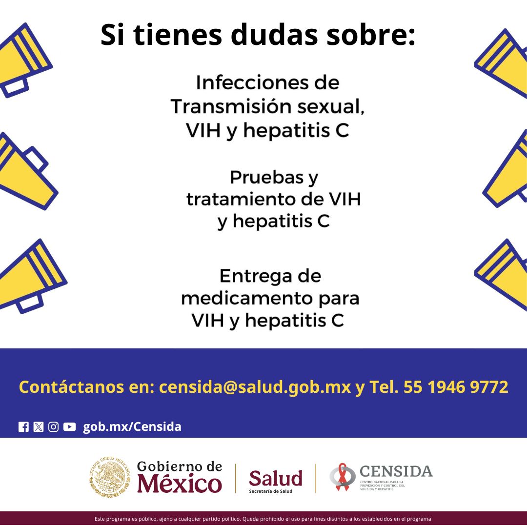 Censida (@censida) on Twitter photo ¿Te gustaría hacerte la prueba rápida de #VIH, #Sífilis y #HepatitisC? En CAPASITS Y SAIH son seguras y confidenciales.
Checa el más cercano a tu domicilio: bit.ly/3TU1xJm
Contáctanos para informarte: 5519469772, censida@salud.gob.mx ¿Te gustaría hacerte la prueba rápida de #VIH, #Sífilis y #HepatitisC? En CAPASITS Y SAIH son seguras y confidenciales.
Checa el más cercano a tu domicilio: bit.ly/3TU1xJm
Contáctanos para informarte: 5519469772, censida@salud.gob.mx