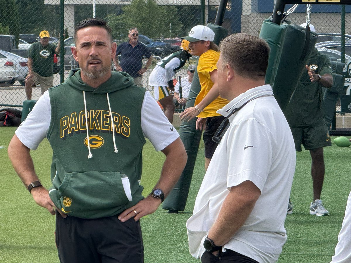 MikeClemensNFL's tweet image. #Packers GM Brian Gutekunst, head coach Matt LaFleur, and VP/Director Football Ops Russ Ball at the start of training camp in Green Bay. New CEO/President Ed Policy also attended today. Team still negotiating a deal with center Elgton Jenkins.