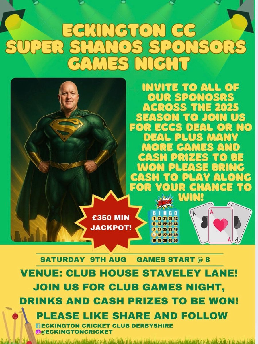 ECCDerbyshire's tweet photo. 🎉 SUPER SHANO’S SPONSORS GAMES NIGHT 🎉

📍 Eckington Cricket Club
📅 Saturday 9th August
🕗 Games start at 8:00 PM

Don’t miss out on what promises to be one of the best nights of the summer! Bring your friends, family, and competitive spirit. 💪 https://t.co/Lu1gOeIUX7