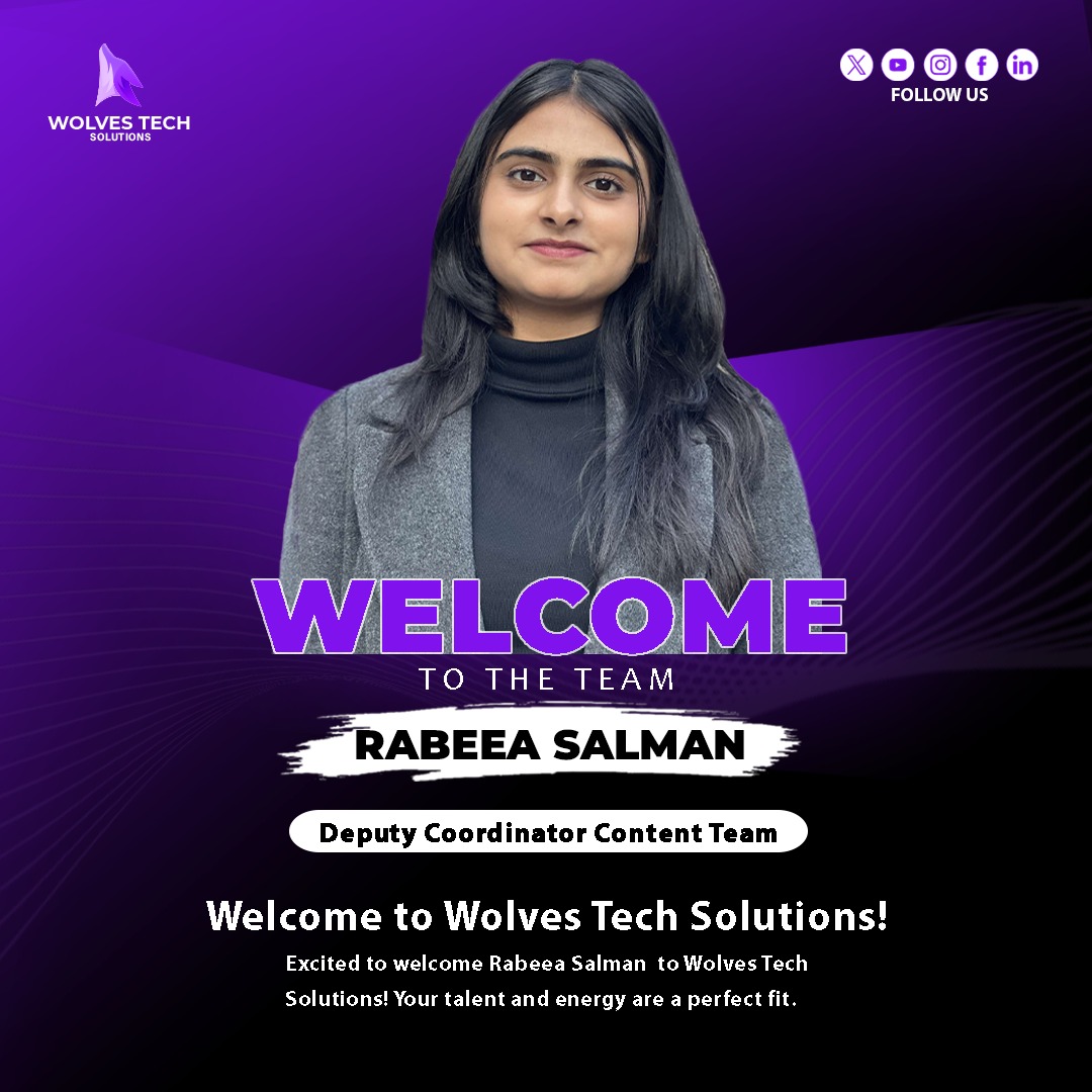WolvesSolution's tweet image. We're thrilled to welcome Miss Rabeea Salman to Wolves Tech Solutions as our new content Deputy Coordinator.
Regards,
Wolves Tech Solutions
Lets Grow Together, Let's Build The Future
#WolvesTechSolutions #NewTeamMember #TechSolutions #DesignExcellence