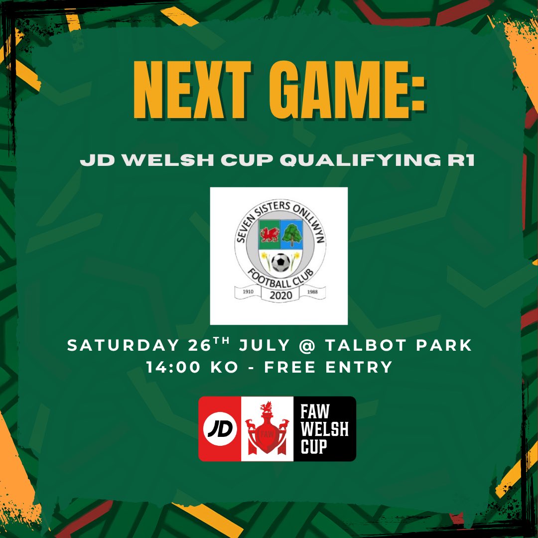 Our first competitive game of the season is upon us as we welcome Ardal SW side  <a href="/7SistersOnllwyn/">Seven Sisters Onllwyn AFC</a> to Talbot Park this Saturday in the 1st qualifying round of the <a href="/FAWales/">FA WALES</a> Welsh Cup. Appreciate your support as always! 🏆💚