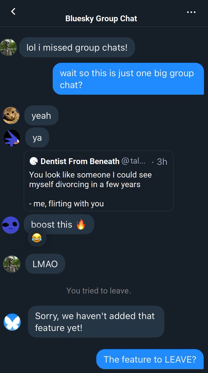 Dustinkcouch's tweet image. oh hey that other app finally added a group DM