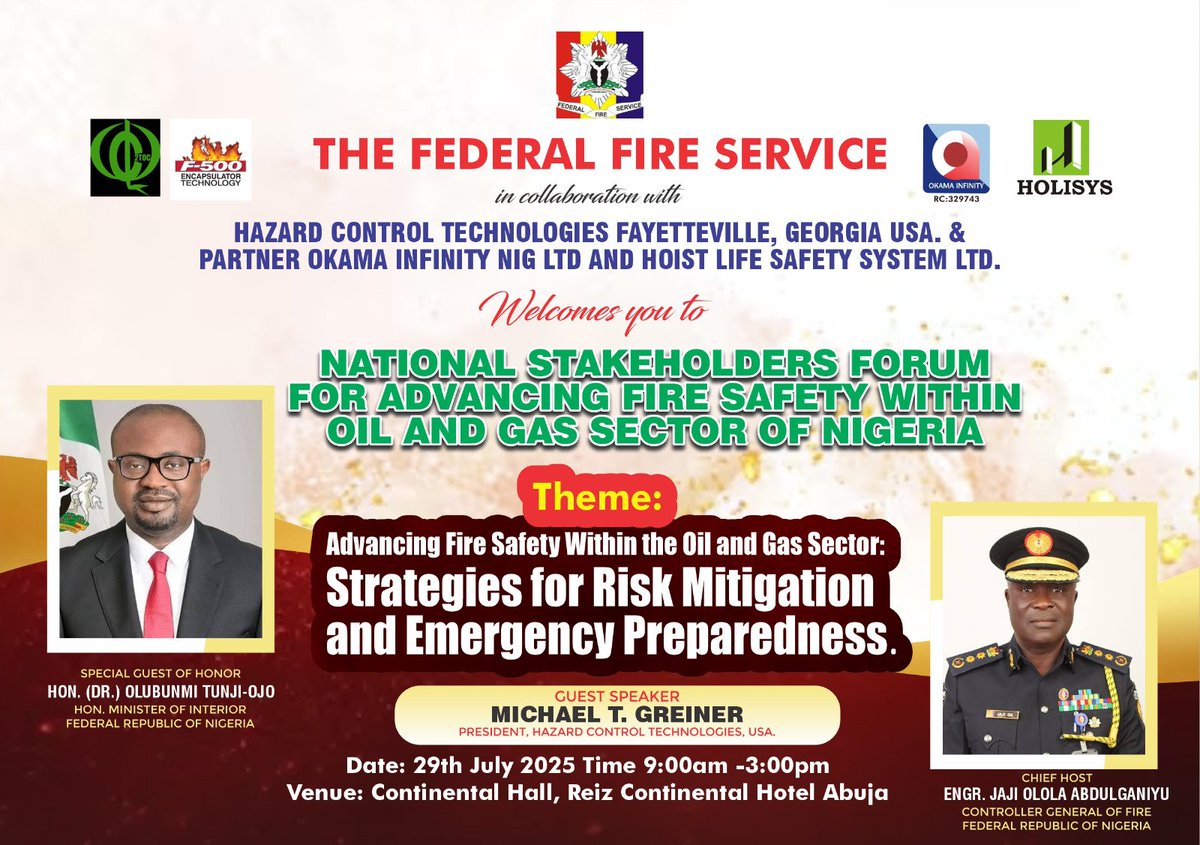 Fedfireng's tweet image. PRESS RELEASE
FEDERAL FIRE SERVICE TO HOST NATIONAL STAKEHOLDERS FORUM ON ADVANCING FIRE SAFETY IN THE OIL AND GAS SECTOR
In response to the alarming rise in tanker and fuel station fire incidents across the country often resulting in significant loss of lives and property the…