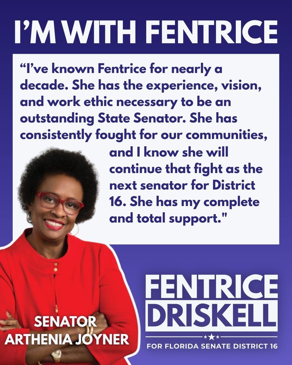 FentriceForFL's tweet image. I’m deeply honored to have the support of my mentor and dear friend, Senator Arthenia Joyner. Her lifelong commitment to justice continues to inspire me every day. From the very beginning, she’s believed in this campaign and what we’re building together. Thank you, Senator, for…