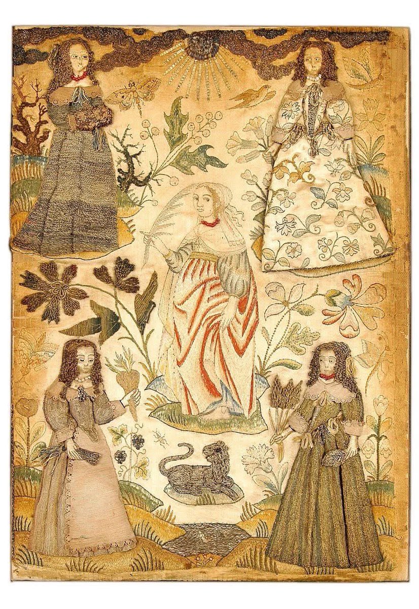 This 17th-century embroidered picture depicts female personifications of the seasons. The four figures in the corners are made three dimensional with raised work embroidery. The women stand in a landscape full of flowers, insects, and animals