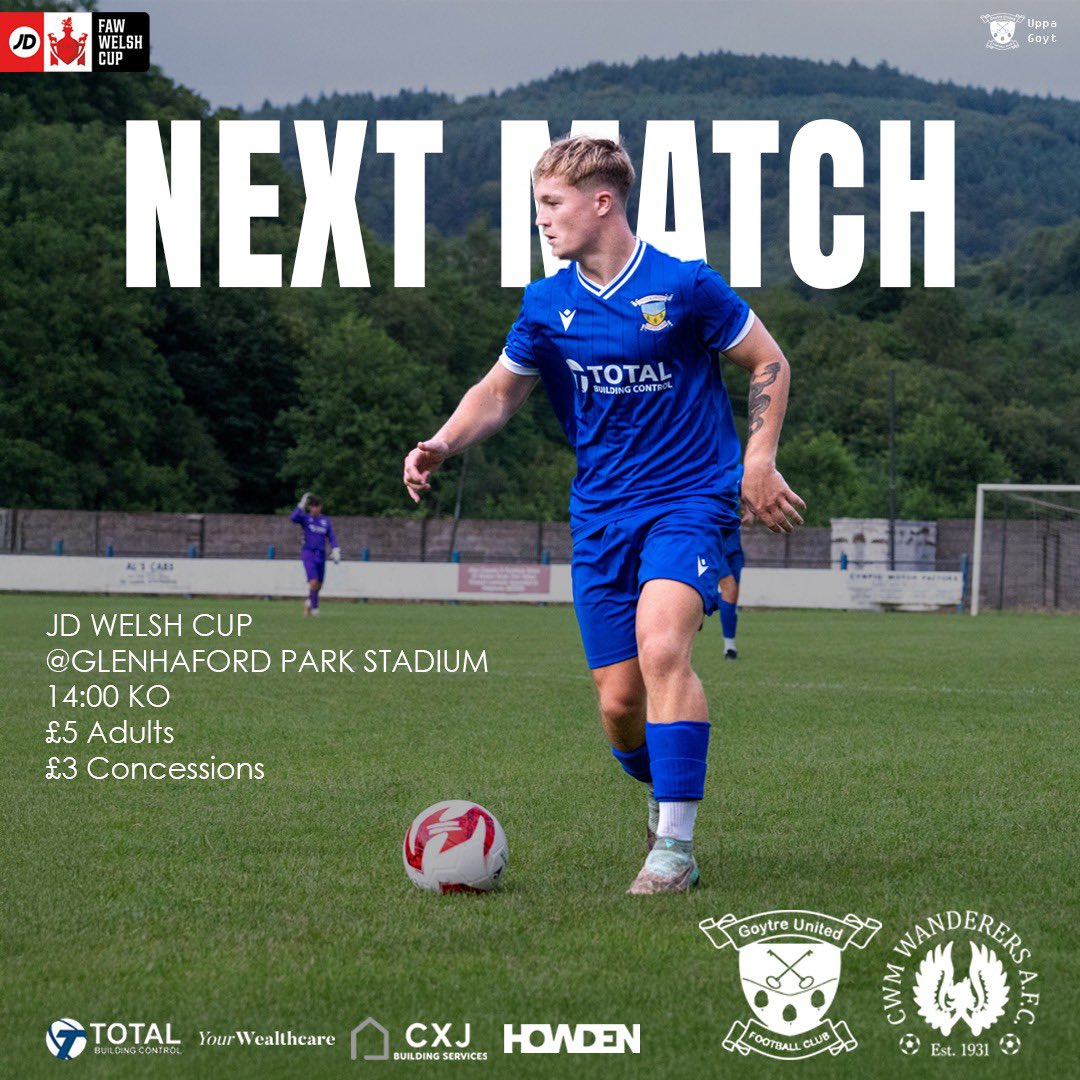 Goytre Utd Officialยฎ (@goytreutd) on Twitter photo โฝ๏ธ NEXT MATCH!
This weekend we have a break from league action as we turn our attention to the JD Welsh Cup, where we welcome <a href="/CwmWanderersAFC/">CwmWanderersAFC</a> to the Goyt!
๐
Saturday 26th July
โฐ 2pm
๐๏ธ Glenhafod Park, SA13 2YP
๐ท Adult - ยฃ5
Concession - ยฃ3
Under 12 - Free โฝ๏ธ NEXT MATCH!
This weekend we have a break from league action as we turn our attention to the JD Welsh Cup, where we welcome <a href="/CwmWanderersAFC/">CwmWanderersAFC</a> to the Goyt!
๐
Saturday 26th July
โฐ 2pm
๐๏ธ Glenhafod Park, SA13 2YP
๐ท Adult - ยฃ5
Concession - ยฃ3
Under 12 - Free