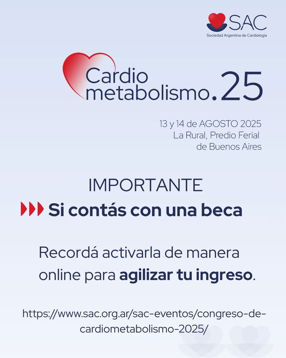 SAC_54's tweet image. 🔵Congreso #Cardiometabolismo25 🔔 Importante para quienes cuentan con una beca

🔺Si contás con una beca, recordá activarla online antes del evento.
✅ Esto agiliza tu ingreso y evita demoras en el acceso al congreso.

📲 Ingresá ahora y completá el proceso de activación.
🔗…