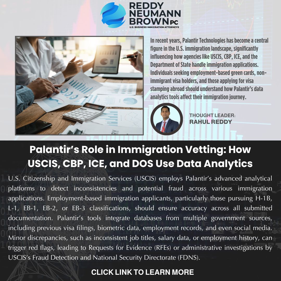 rnlawgroup's tweet image. Did you know your visa application could be vetted using powerful data tools by Palantir? From USCIS fraud detection to CBP border screenings, ICE surveillance, and DOS social media reviews—Palantir’s tech is reshaping how U.S. immigration decisions are made. If you're on an…