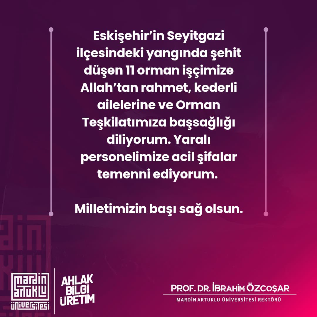 ibrahimozcosar's tweet image. Eskişehir’in Seyitgazi ilçesindeki yangında şehit düşen 11 orman işçimize Allah’tan rahmet, kederli ailelerine ve Orman Teşkilatımıza başsağlığı diliyorum. Yaralı personelimize acil şifalar temenni ediyorum. 

Milletimizin başı sağ olsun.