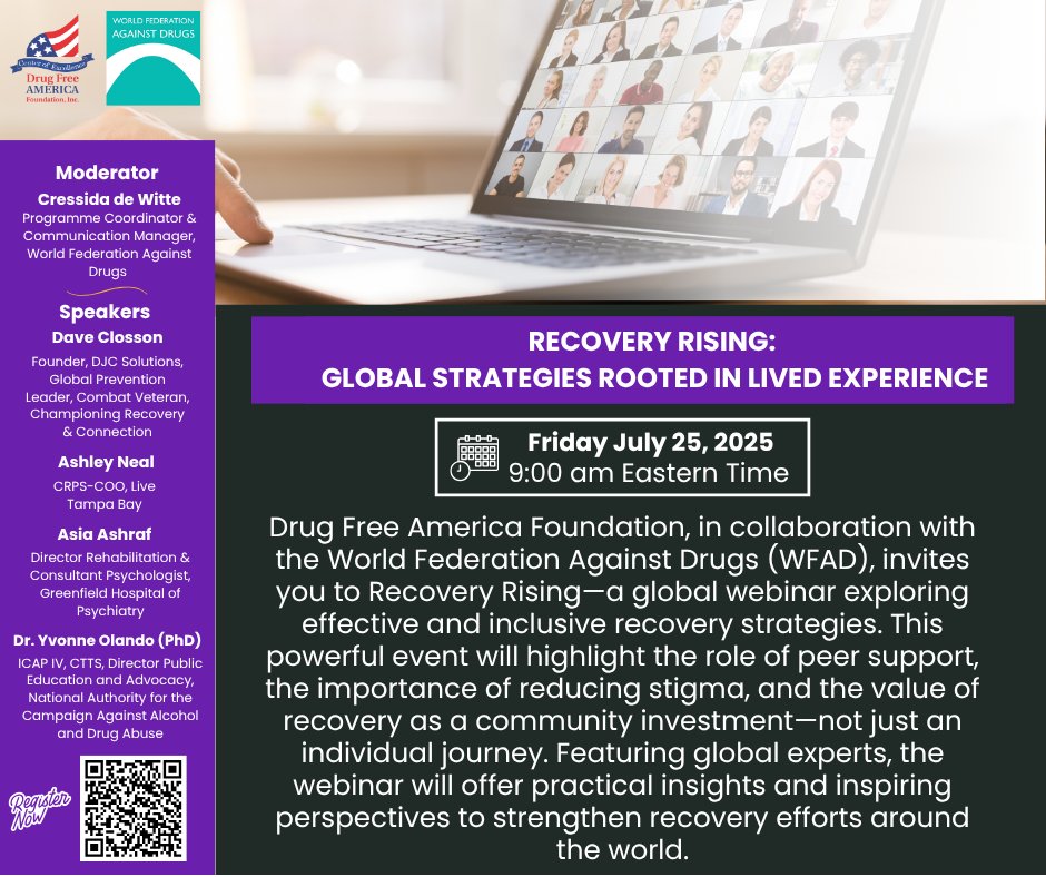 DrugFreeAmerica's tweet image. Join global leaders for an inspiring webinar, Recovery Rising, on Friday, July 25th.
🔗 Register at us02web.zoom.us/webinar/regist…
#RecoveryRising #GlobalRecovery #PeerSupport #EndTheStigma #CommunityHealing