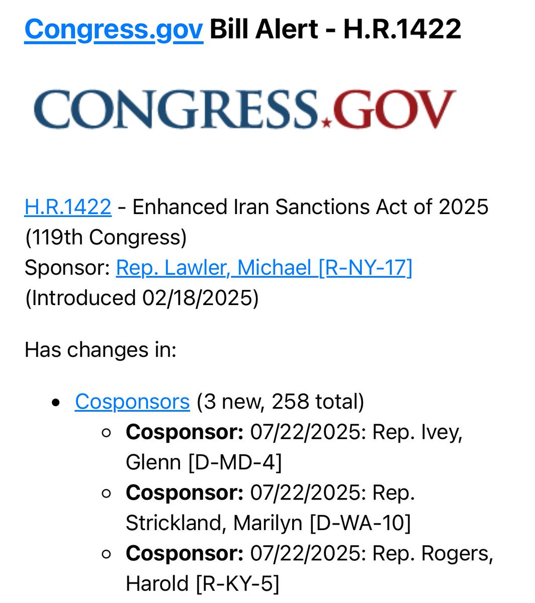 Mahsa Advocacy Group (@mahsaadvocacy) on Twitter photo Thank you very much <a href="/RepGlennIvey/">Rep. Glenn Ivey</a>
<a href="/repmarilynlands/">RepMarilynLands</a> and <a href="/RepHalRogers/">Hal Rogers</a>
For co sponsoring HR 1422 (Enhanced Iran Sanctions Act)
Please support Iranian people by co sponsoring #MaxSupportAct !
<a href="/Action4IR/">Action For Iran</a> <a href="/DCprotests4Iran/">DCprotests4Iran</a> <a href="/IranShahaOrg/">IranShaha</a> Thank you very much <a href="/RepGlennIvey/">Rep. Glenn Ivey</a>
<a href="/repmarilynlands/">RepMarilynLands</a> and <a href="/RepHalRogers/">Hal Rogers</a>
For co sponsoring HR 1422 (Enhanced Iran Sanctions Act)
Please support Iranian people by co sponsoring #MaxSupportAct !
<a href="/Action4IR/">Action For Iran</a> <a href="/DCprotests4Iran/">DCprotests4Iran</a> <a href="/IranShahaOrg/">IranShaha</a>