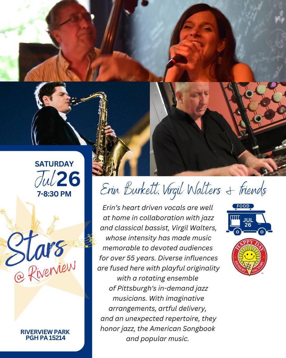 PghEventsOffice's tweet image. It's the final week for music on Observatory Hill this year!
Join us as Erin Burkett, Virgil Walters & Friends take the Stars at Riverview stage on July 26!
The fun starts at 7PM, with Happy Day Dessert Factory on site, & Cinema in the Park to follow the concert.…