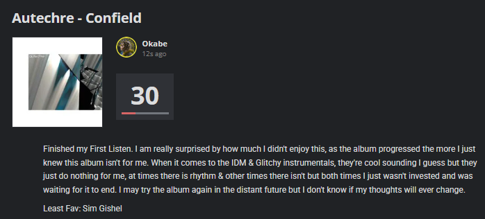 Arijork_'s tweet image. Finished my First Listen of:
Autechre
Confield
3.0/10