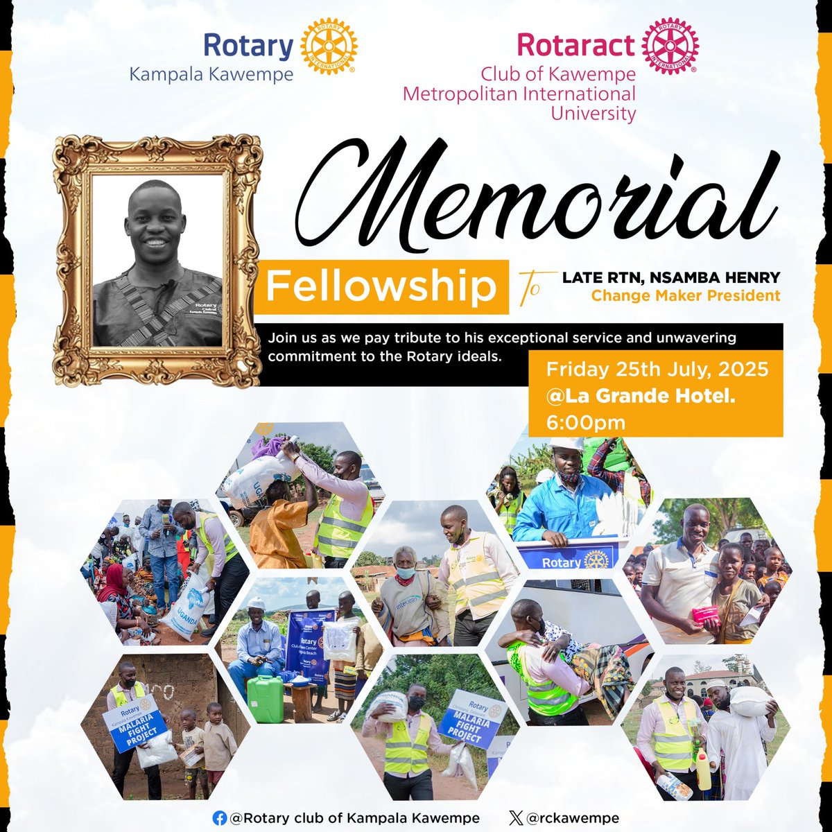 Rotaract Club Of Kawempe (@rctkawempe) on Twitter photo Join us this Friday at 6:00pm  as we pay tribute to Late RTN Nsaba Henry  exceptional service and unwavering commitment to the Rotary ideals .
#Rotary
#Rotaract. Join us this Friday at 6:00pm  as we pay tribute to Late RTN Nsaba Henry  exceptional service and unwavering commitment to the Rotary ideals .
#Rotary
#Rotaract.