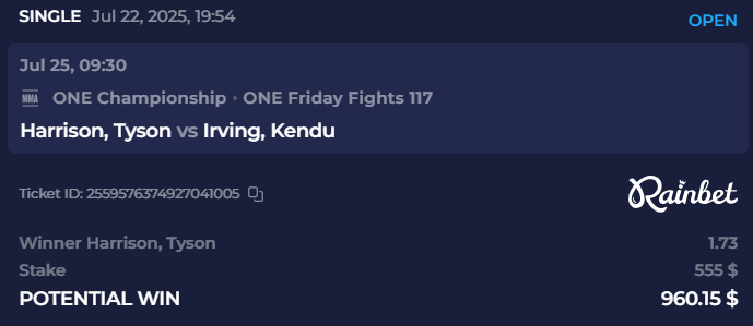 lefthook25's tweet image. Tyson Harrison vs Kendu Irving is about to be fireworks 🔥
Harrison’s pressure or Irving’s power—who you got?
I know who I'm going with #ONEFridayFights117