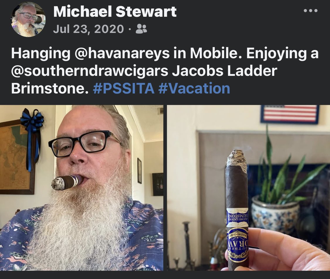 cigarmike's tweet image. Weird thing came up on my Facebook memories. 5 years ago today, I was in Mobile smoking a Jacobs Ladder Brimstone figurado. Today, I am in Murrell’s Inlet smoking a Jacobs Ladder Brimstone Figurado. I just now saw this. Is that not weird?