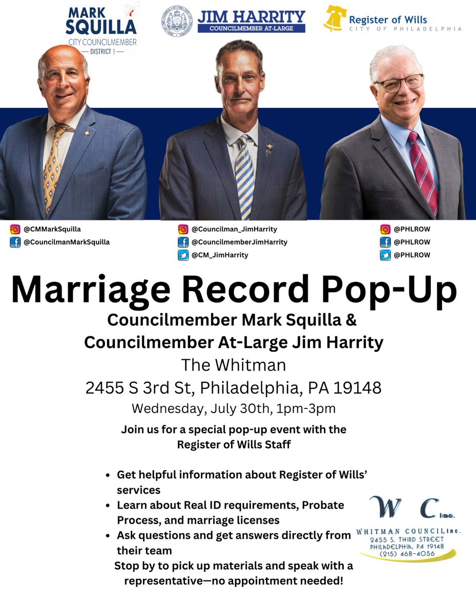 CM_JimHarrity's tweet image. Proud to partner with @CMMarkSquilla & @PHLROW for a Marriage Record Pop-Up!
🗓️ Wed, July 30 | 🕐 1–3PM
📍 The Whitman, 2455 S 3rd St
✅ Learn about marriage licenses, probate, Real ID
✅ Ask questions, grab materials, no appt needed
See you there! 💍
#Philly #CommunityEvent