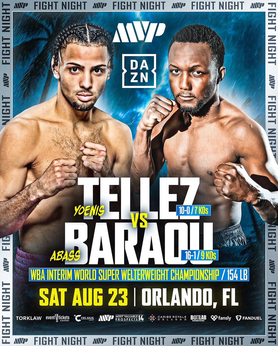 WassermanBoxing's tweet image. ITโS @BaraouAbass TIME ๐ฐ๏ธ ๐ฅ
Sat Aug 23, Orlando Florida Abass Baraou takes on Yoenis Tellez for the WBA Interim World Super Welterweight Championship ๐ฅ
#TellezBaraou