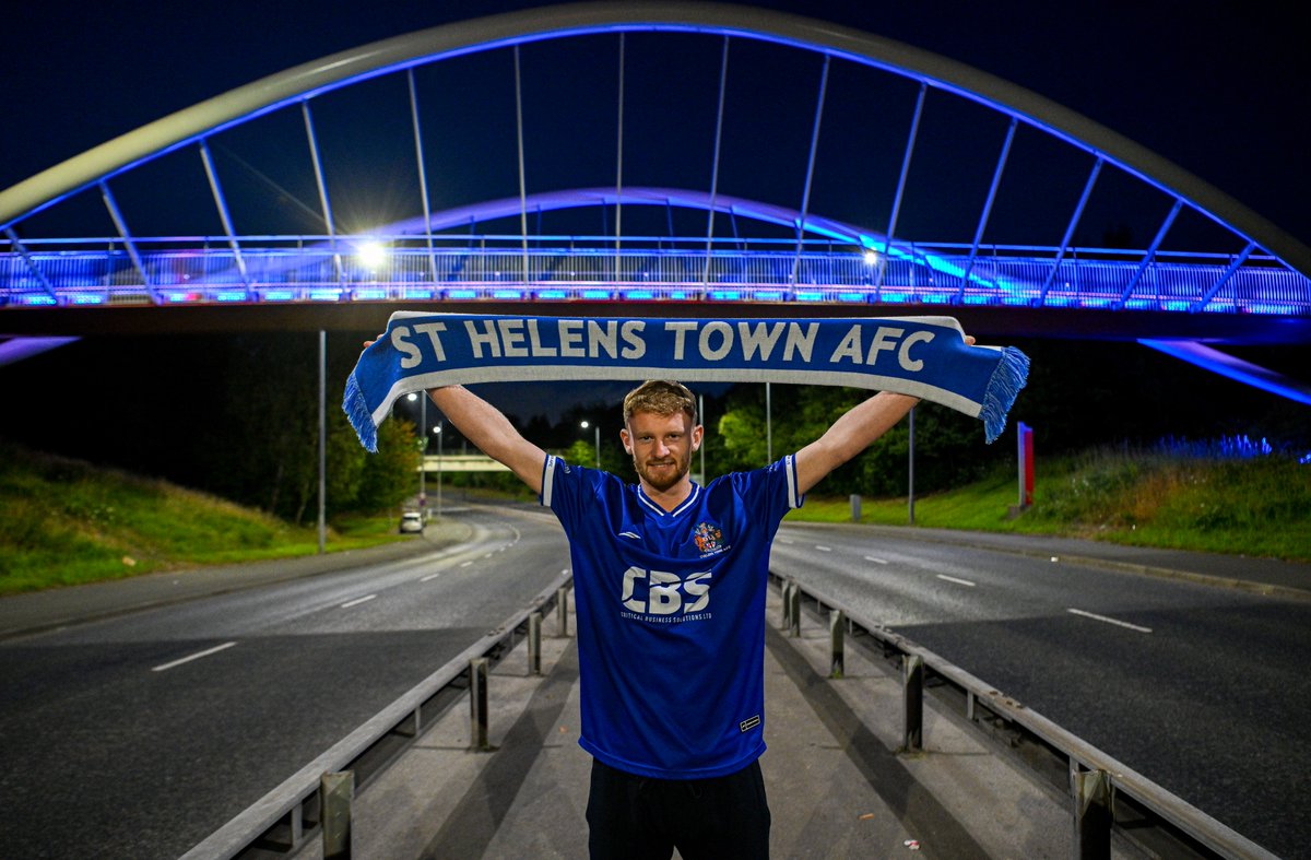 Happy to support <a href="/sthelenstownfc/">St Helens Town AFC</a>  as they announce new signing, Taylor Prescott - oldest son of the late, great Steve Prescott – by lighting up the <a href="/StevePrescott1/">Steve Prescott MBE</a>  Bridge in the club’s blue and white colours for their special player reveal 🔵⚪